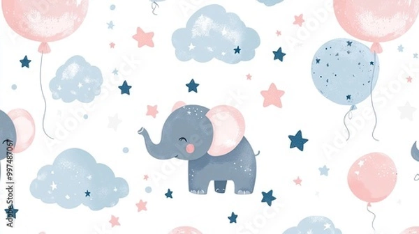 Fototapeta Cute elephant with balloons and clouds pattern.