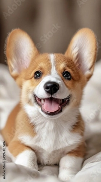 Fototapeta Adorable Pembroke Welsh Corgi puppy with big ears and a joyful smile, looking directly at the camera. Its expressive eyes and fluffy fur capture hearts instantly.