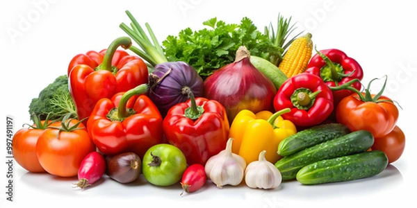 Fototapeta Freshly picked vegetables and fruits including tomatoes, peppers, cucumbers, and onions on a white background, tomato, pepper