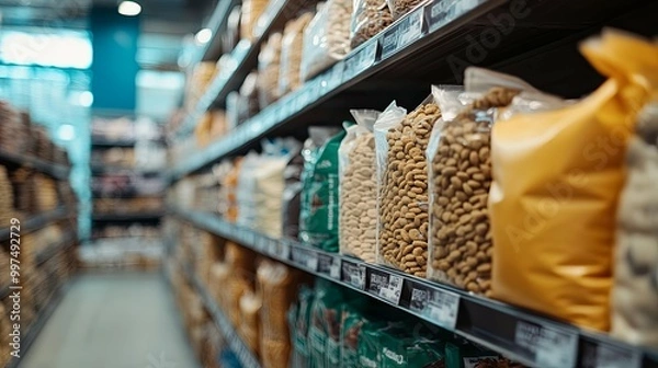 Obraz Grocery Store Shelf with Bags of Cereal and Grains