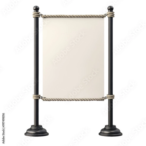 Fototapeta Editable street-side banner sign with pole and ropes. mockup, png, transparent background.