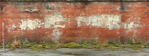 Fototapeta Weathered Red Brick Wall with Overgrown Patch of Moss and Plants