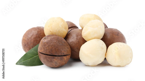 Fototapeta Macadamia nuts with shells isolated on white