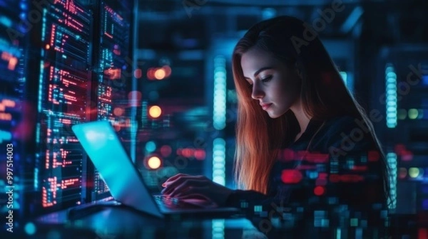 Fototapeta Focused Female IT Professional Typing Commands