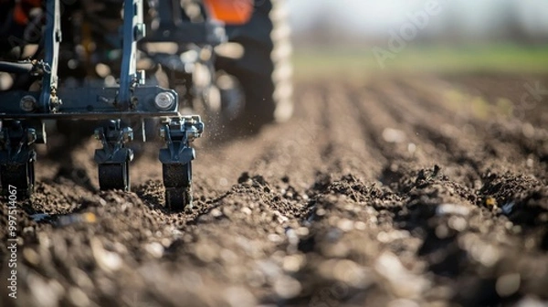 Fototapeta A close-up of precision seeding equipment planting seeds in perfectly spaced rows