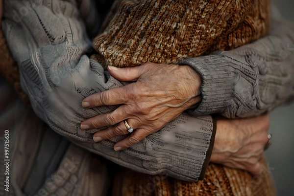 Fototapeta An elderly couple embraces, their hands showing years of love and experience, adorned with a wedding ring, reflecting deep connection.