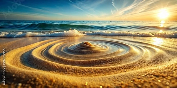 Fototapeta A golden sunset casts a warm glow on the beach, creating a mesmerizing spiral pattern in the sand, as a gentle wave recedes towards the ocean.