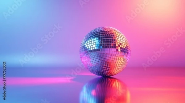 Fototapeta Shiny disco ball on a vibrant background with colorful lighting reflections.