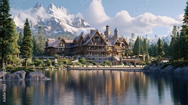 Fototapeta Scenic lodge by a lake with mountains in background.