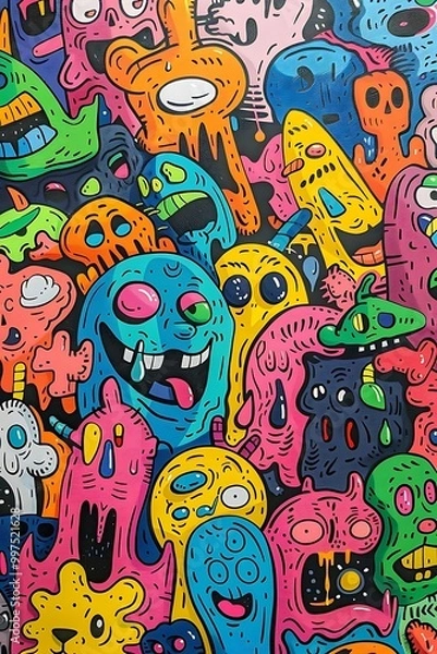 Obraz A vibrant collage of colorful, cartoonish monsters with playful expressions.