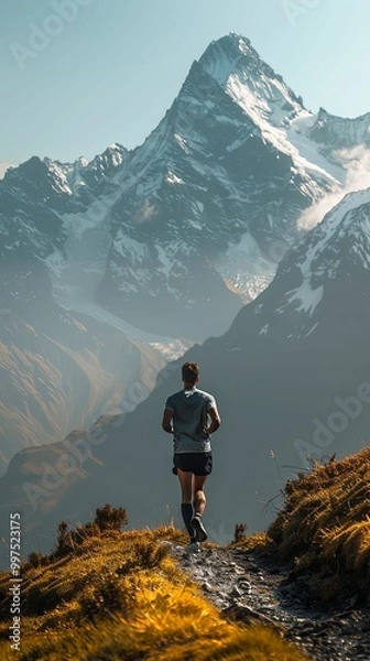 Obraz A solitary runner wearing a backpack runs along a rocky mountain trail, surrounded by tall peaks, wildflowers, and snow-covered slopes.