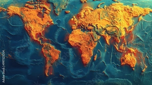 Fototapeta Vibrant topographic representation of the world map in bold colors.