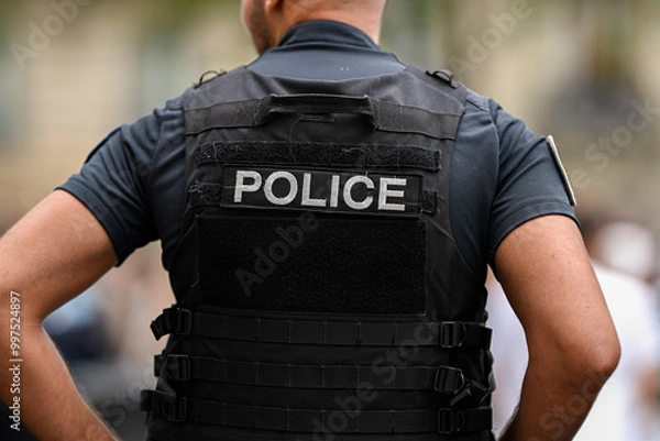 Fototapeta Illustration picture showing a male police officer (man) with uniform ensuring security in Paris, France on September 26, 2024. French national policeman in action.