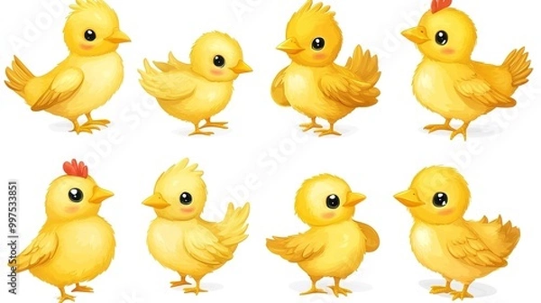 Fototapeta A vibrant pack of adorable chick stickers on a clean white background, showcasing a variety of playful designs. Each sticker features cute cartoon chicks in different poses and expressions, 
