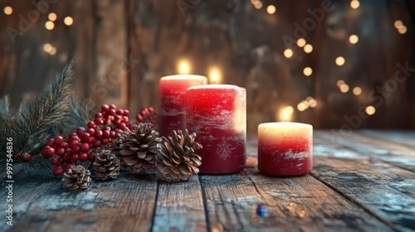 Fototapeta Cozy Christmas Scene with Red Candles, Pine Cones, and Festive Decorations on Rustic Wooden Table