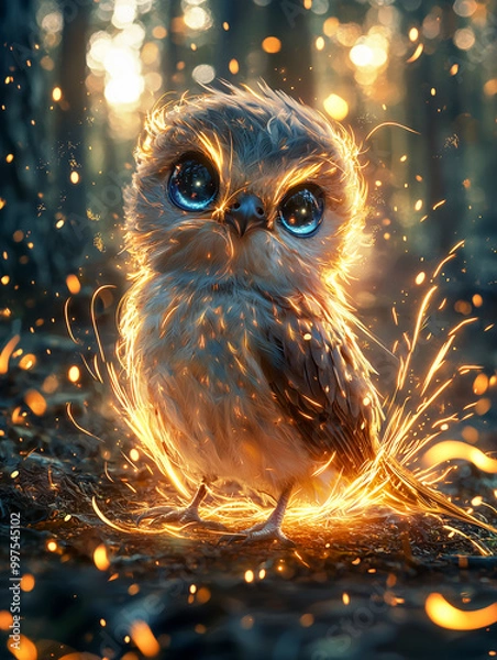 Fototapeta A digital artwork of a cute bird with big blue eyes, surrounded by glowing sparks that form a dynamic halo of light.