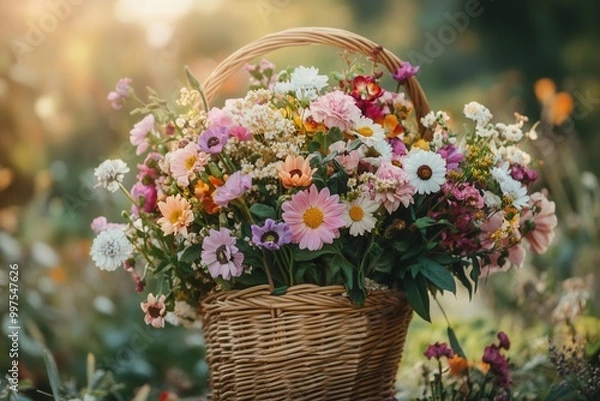 Fototapeta A wicker basket filled with a colorful assortment of seasonal flowers sits beautifully in a tranquil outdoor setting, capturing the essence of nature. Generative AI