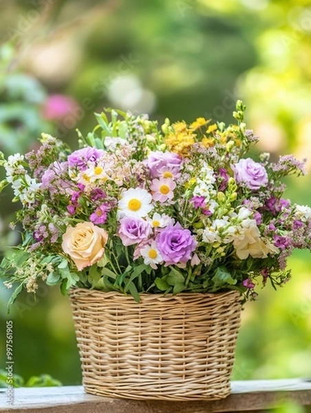 Fototapeta A colorful arrangement of seasonal flowers in a wicker basket brightens a natural outdoor setting with lush greenery all around. Generative AI