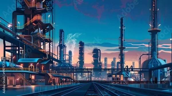 Fototapeta Illustrate a futuristic oil refinery where Distributed Control Systems manage multiple processes, ensuring seamless coordination and operational safety