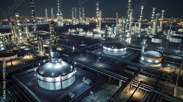 Fototapeta Illustrate a futuristic oil refinery where Distributed Control Systems manage multiple processes, ensuring seamless coordination and operational safety