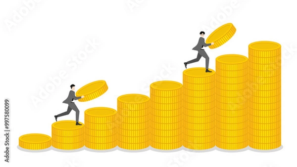 Fototapeta Businessmen hold coins, run on stack of money in bar chart. Complete of business competiition, pursuit of economic success, financial management, capital market performance, and profit growth