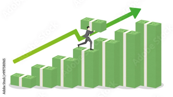 Fototapeta A businessman holds banknotes, runs on stack of money bar chart with green graph up. Extend investment in Bull Economy, economic success, financial management, capital market performance, and profit