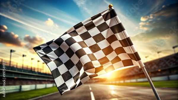 Fototapeta A close-up shot of a checkered flag waving at the finish line of a race , competition, speed, victory, winning