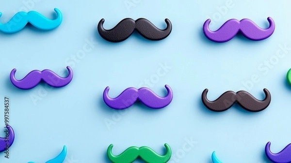 Fototapeta A row of colorful fake mustaches are arranged on a blue background