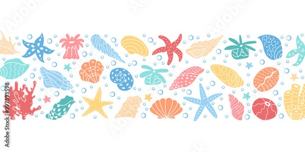 Fototapeta Illustrative underwater life set with corals and seashells. Marine-themed vibrant art featuring reef elements. Ocean pattern with bubbles and colorful marine creatures.