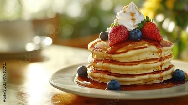Fototapeta Fluffy Pancakes with Fresh Strawberries, Blueberries, Whipped Cream, and Maple Syrup on Bright Breakfast Table
