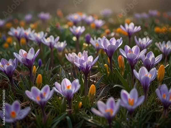 Fototapeta Purple Crocuses Blooming in a Field of Green
