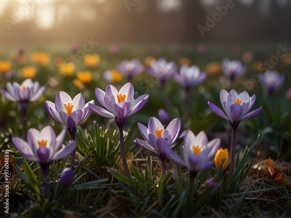 Fototapeta Purple Crocuses Blooming in a Field of Green