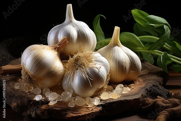 Fototapeta Three garlic cloves and some dry bark on a smooth black background, generative IA