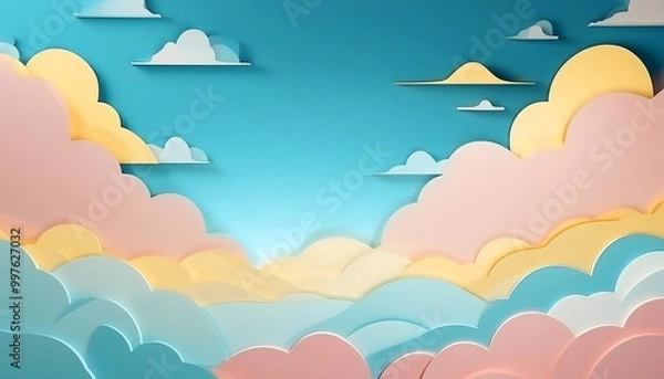 Fototapeta The sky background is filled with pastel fluffy clouds in a paper layer format.