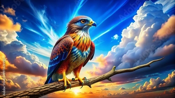 Fototapeta A lively cartoon buzzard sits on a branch, set against a clear blue sky filled with fluffy clouds,