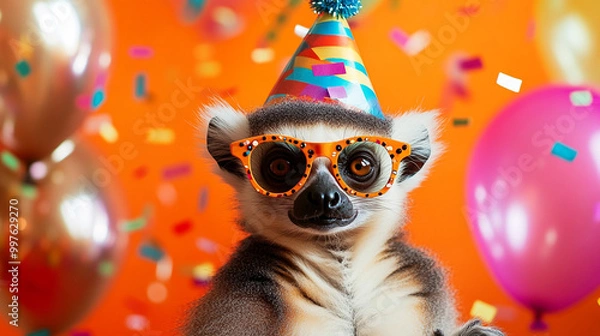 Fototapeta Party animal! Colorful photp of funny, happy lemur on orange background. Balloons, confetti, happy mood. Birthday celebration horizontal banner