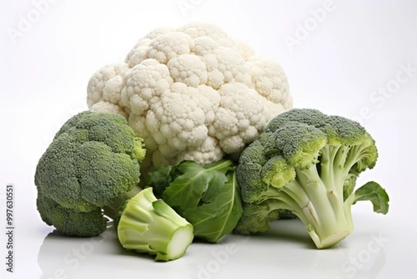 Fototapeta Healthy broccoli and cauliflower isolated, generative IA