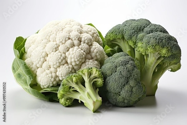 Fototapeta Healthy broccoli and cauliflower isolated, generative IA