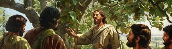 Fototapeta Jesus cursing the fig tree disciples looking on
