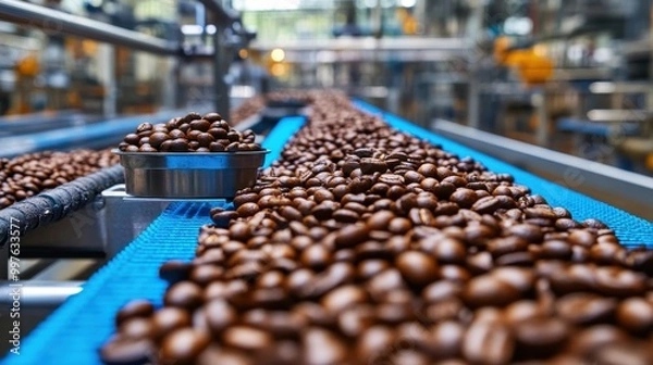 Fototapeta coffee beans on a conveyor belt in a modern factory dedicated to roasting and filtering. 