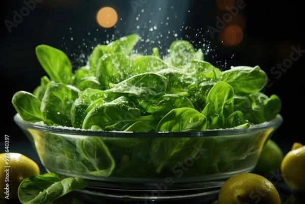 Fototapeta Spinning spinach in white bowl, generative IA
