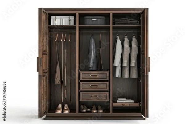 Fototapeta Luxury modern dark brown wooden wardrobe with slide out rack, drawer and coat hangers on white background 