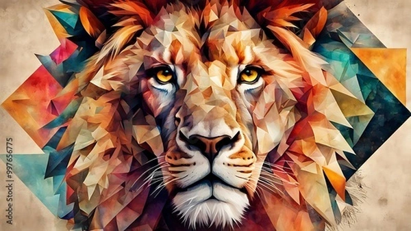 Obraz A collage of a lion’s face blended with geometric shapes, with one half realistic and the other side abstract and colorful – mixed media, high resolution, intricate textures.