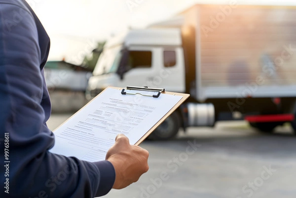 Fototapeta person is holding clipboard with delivery documents while standing near delivery truck. scene captures essence of logistics and transportation, emphasizing importance of organization in delivery