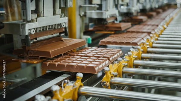 Fototapeta Chocolate bars being produced on a modern manufacturing line, showcasing the process of candy making.