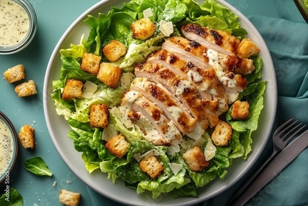Fototapeta Fresh Grilled Chicken Caesar Salad in White Dish with Parmesan and Garlic Croutons on a Vibrant Teal Cloth Table, Styled for a Clean and Minimalist Aesthetic