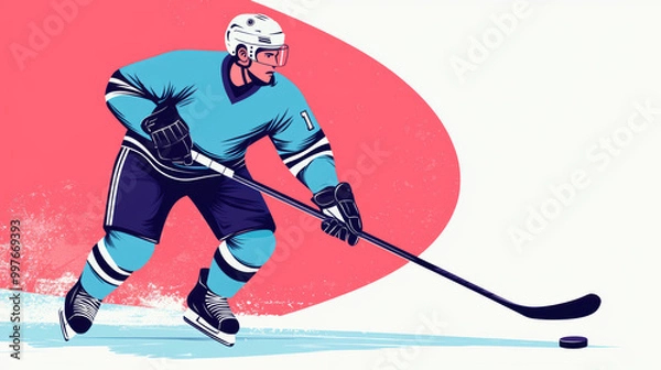 Fototapeta Hockey player in blue jersey skating on ice, focused on puck. dynamic pose captures excitement of game, showcasing athleticism and skill. 