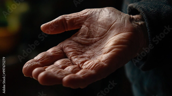 Fototapeta An elderly person's weathered hand extended, symbolizing wisdom and life experiences in soft light