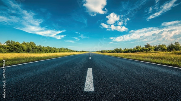 Obraz serene empty road stretches under bright summer blue sky, flanked by lush greenery and vibrant grass, inviting sense of freedom and adventure