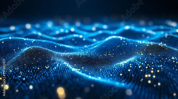 Obraz Abstract background featuring a wavy graph made up of dotted guides, representing data in the context of Big Data. This technology wireframe concept illustrates data in virtual space, making it suitab